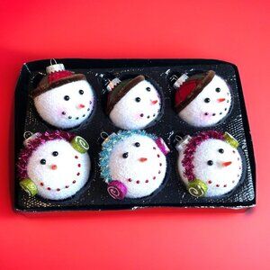 Vintage G&B Snowman Christmas Ornaments Flocked Embellished Colorful Holiday USA